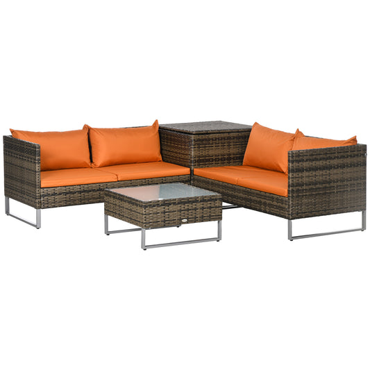 4 Piece Rattan Garden Furniture Set, Outdoor Corner Sofa Set with Storage Table, Loveseats, Cushions - Orange