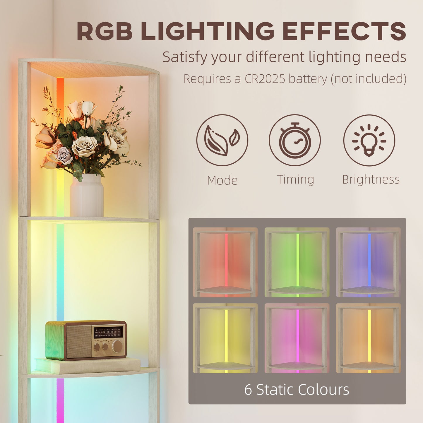 RGB LED Floor Lamp with Shelves, 4-Tier Dimmable Standing Lamp with Remote Control, Oak