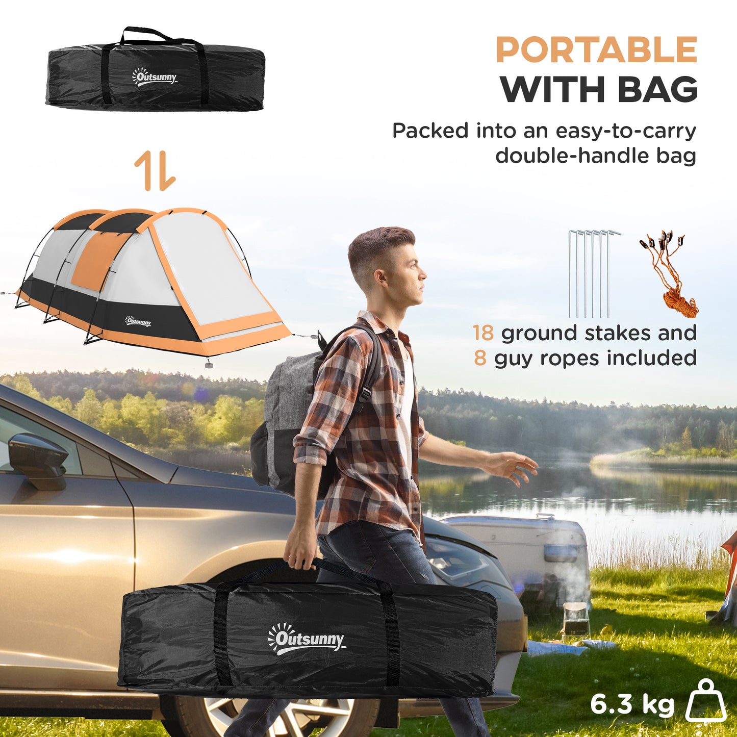 2 Man Camping Tent, with Two Rooms and Porch - Orange