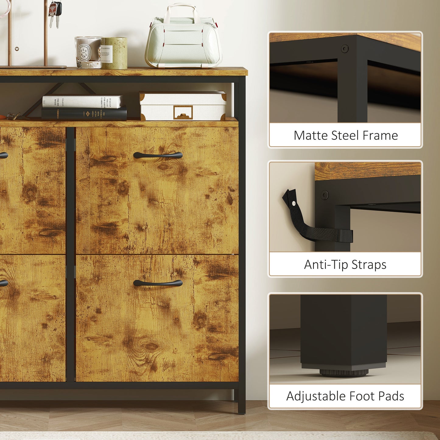 Shoe Storage Cabinet with 4 Flip Drawers and Open Shelf - Rustic Brown
