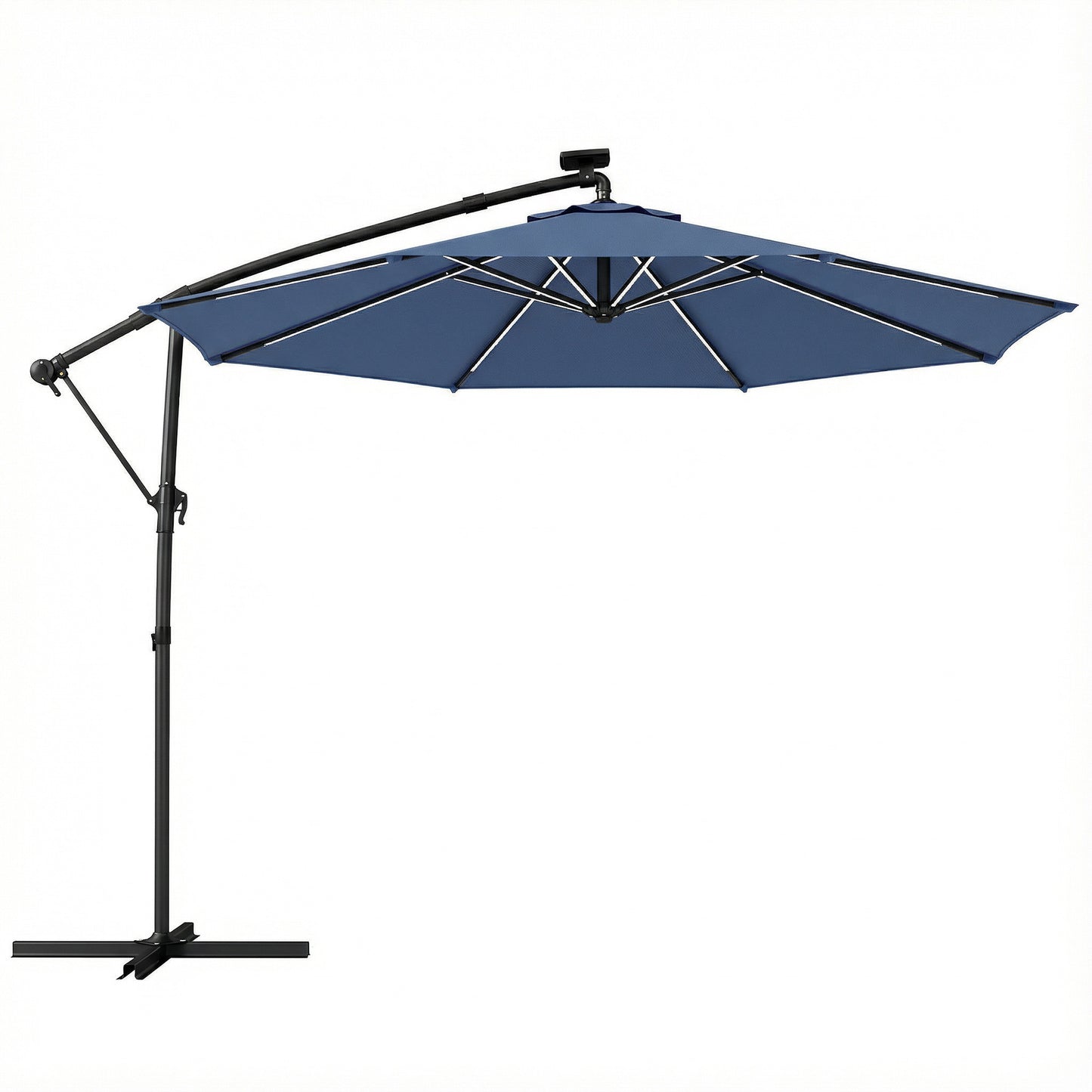 3 m Garden Cantilever Parasol with LED Solar Light, Round Overhanging Umbrella with 360° Rotation, Cover, Navy Blue