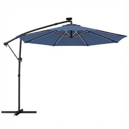 3 m Garden Cantilever Parasol with LED Solar Light, Round Overhanging Umbrella with 360° Rotation, Cover, Navy Blue