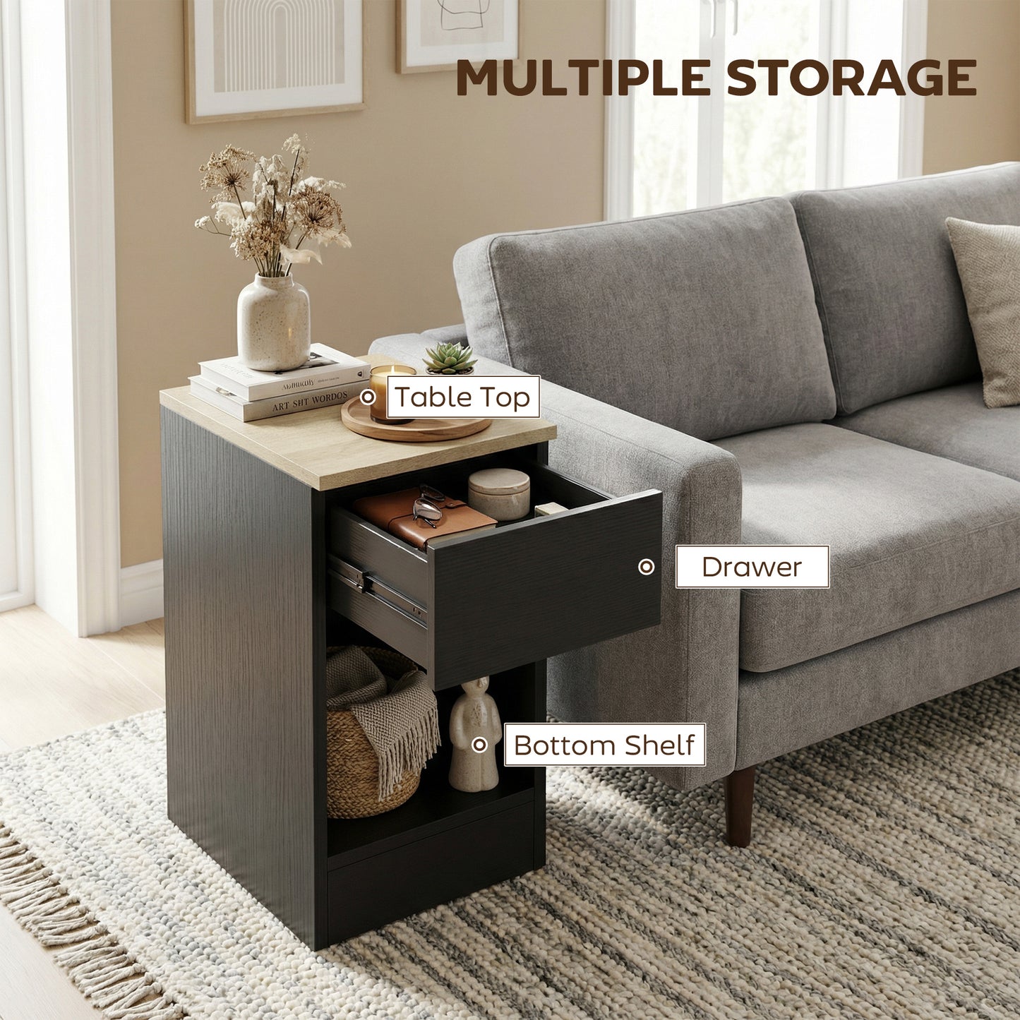 Set of Two Modern Storage Bedside Tables - Black