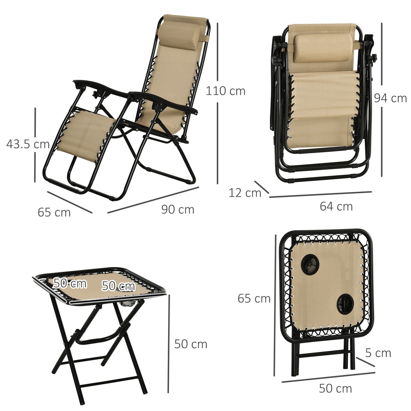 Folding Zero Gravity Chairs, 3 Pieces Adjustable Sun Lounger and Table Set with Cup Holder and Headrest