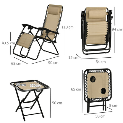 Folding Zero Gravity Chairs, 3 Pieces Adjustable Sun Lounger and Table Set with Cup Holder and Headrest