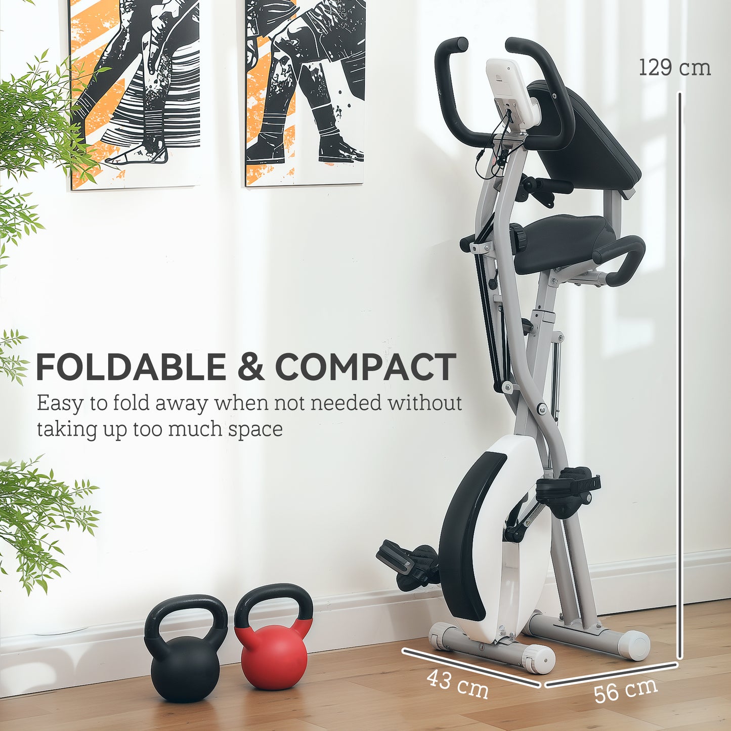 Five-in-one Foldable Exercise Bike, Stationary Bike with Arm Workout Bands, LDC Monitor, Phone Holder, White