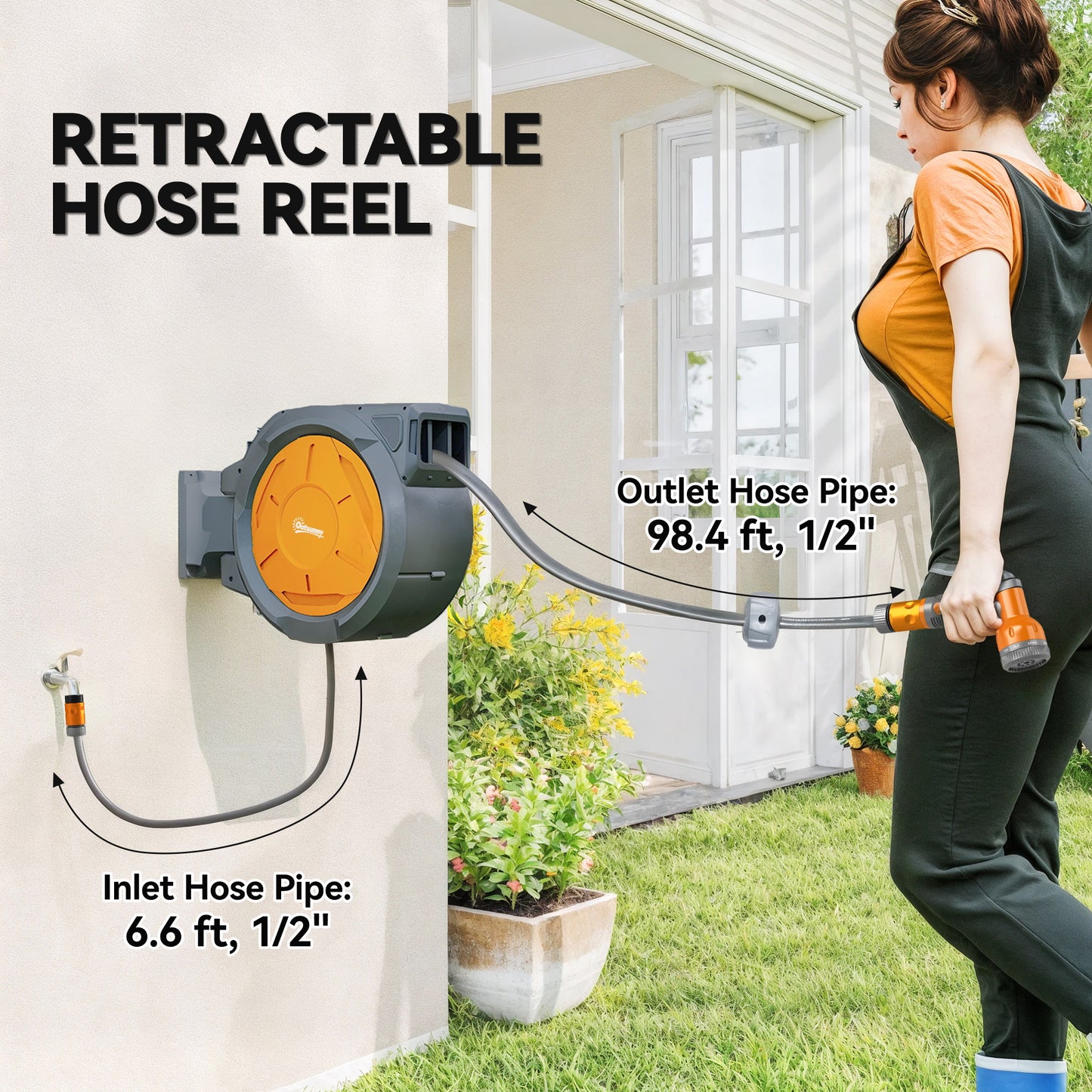 Retractable Hose Reel Wall Mounted, 30+2m Garden Hose Pipe Reel with Lock, Auto Rewind, 7 in 1 Spray Nozzle