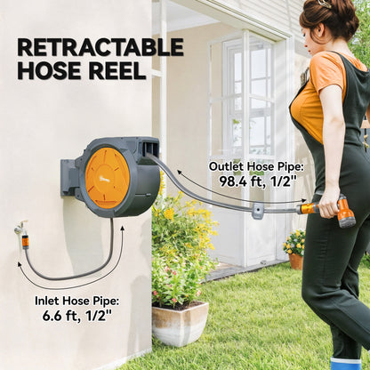 Retractable Hose Reel Wall Mounted, 30+2m Garden Hose Pipe Reel with Lock, Auto Rewind, 7 in 1 Spray Nozzle
