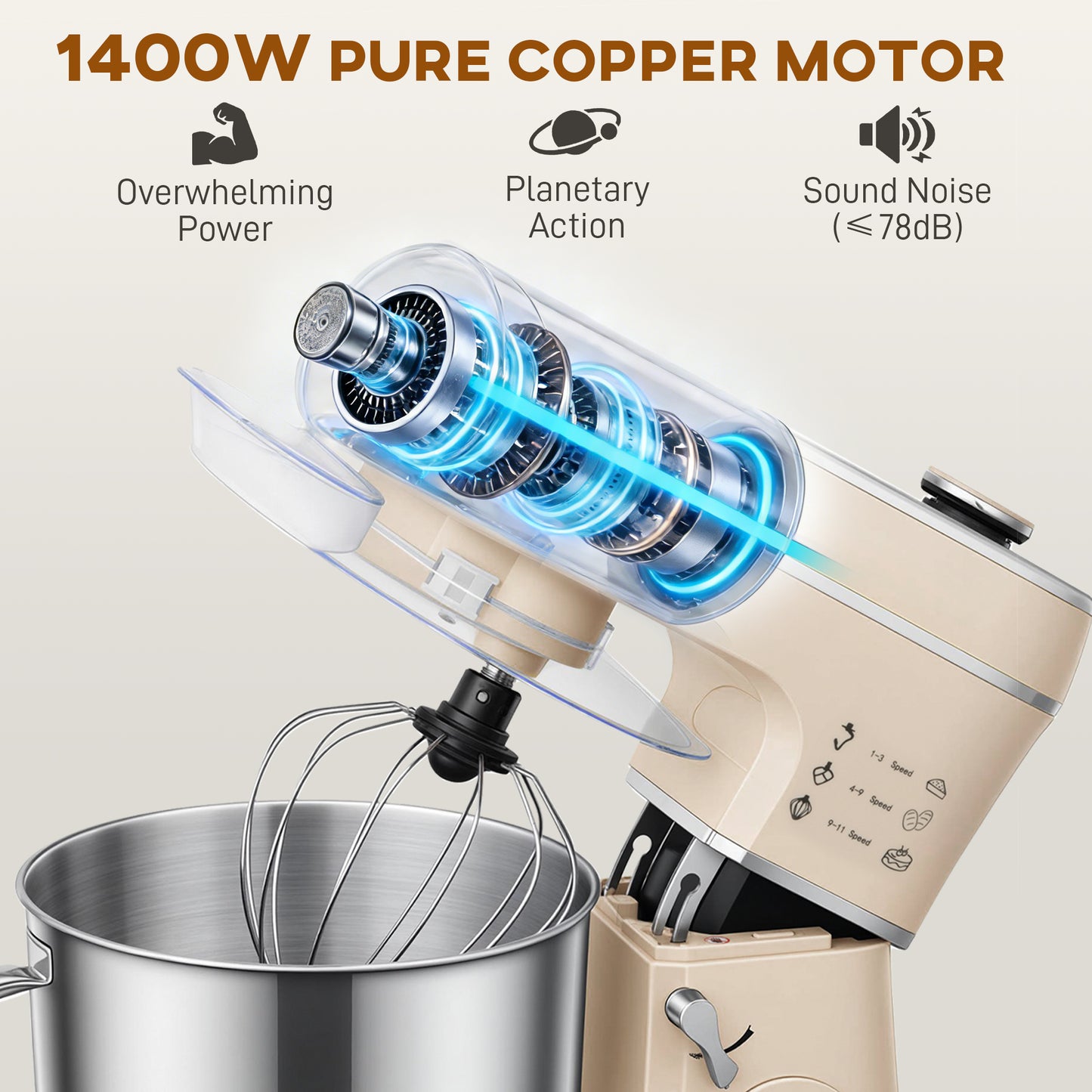 Stand Mixer, 6L 1400W Tilt-Head Food Mixer with 11 Speeds, Pulse & Fermentation Function, LED Display, Cream