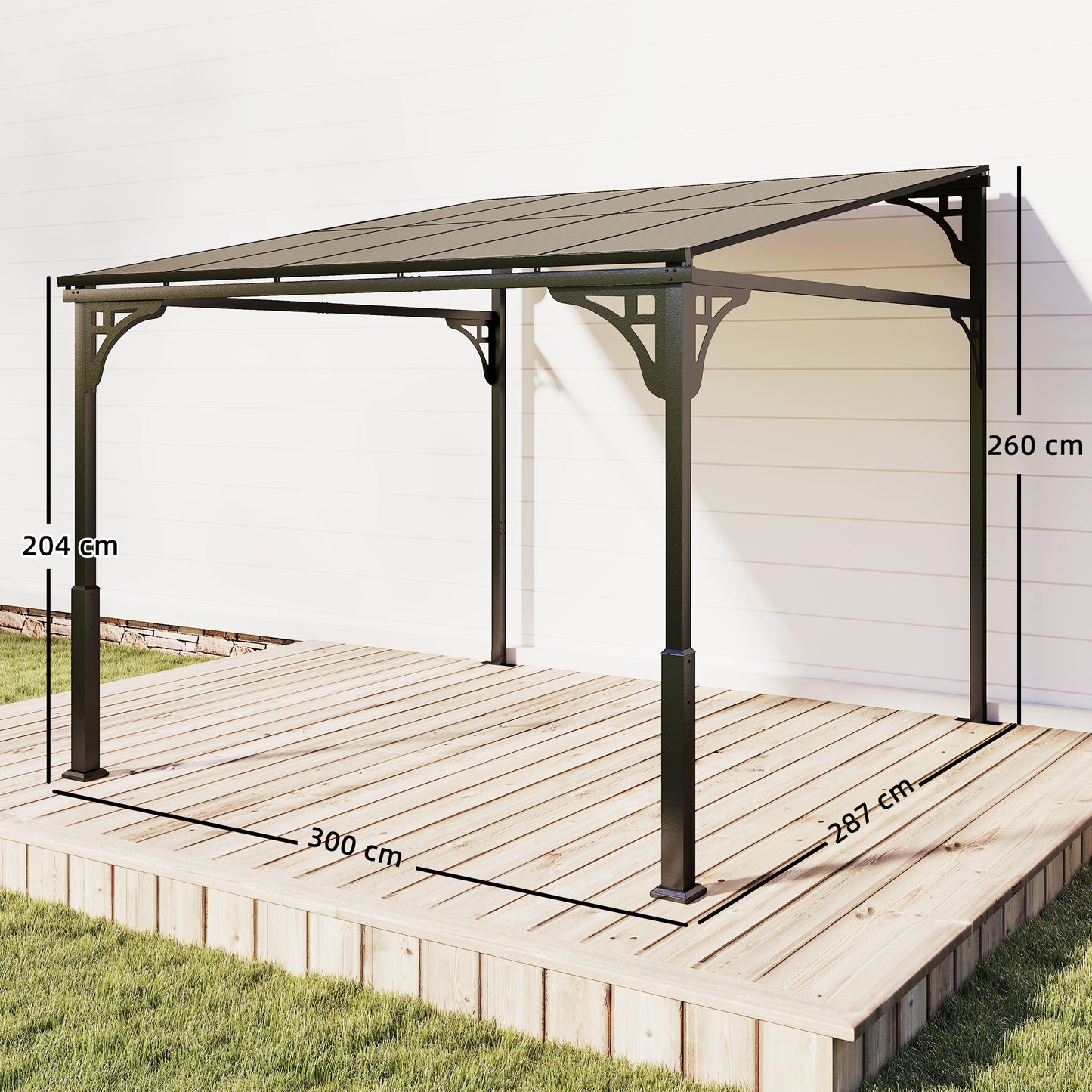 3 x 2.87 m Metal Lean-to Pergola, Wall-Mounted Hardtop Garden Pergola with Polycarbonate Roof and Metal-Aluminium Frame
