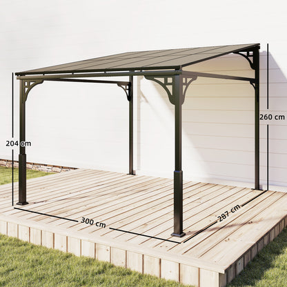 3 x 2.87 m Metal Lean-to Pergola, Wall-Mounted Hardtop Garden Pergola with Polycarbonate Roof and Metal-Aluminium Frame
