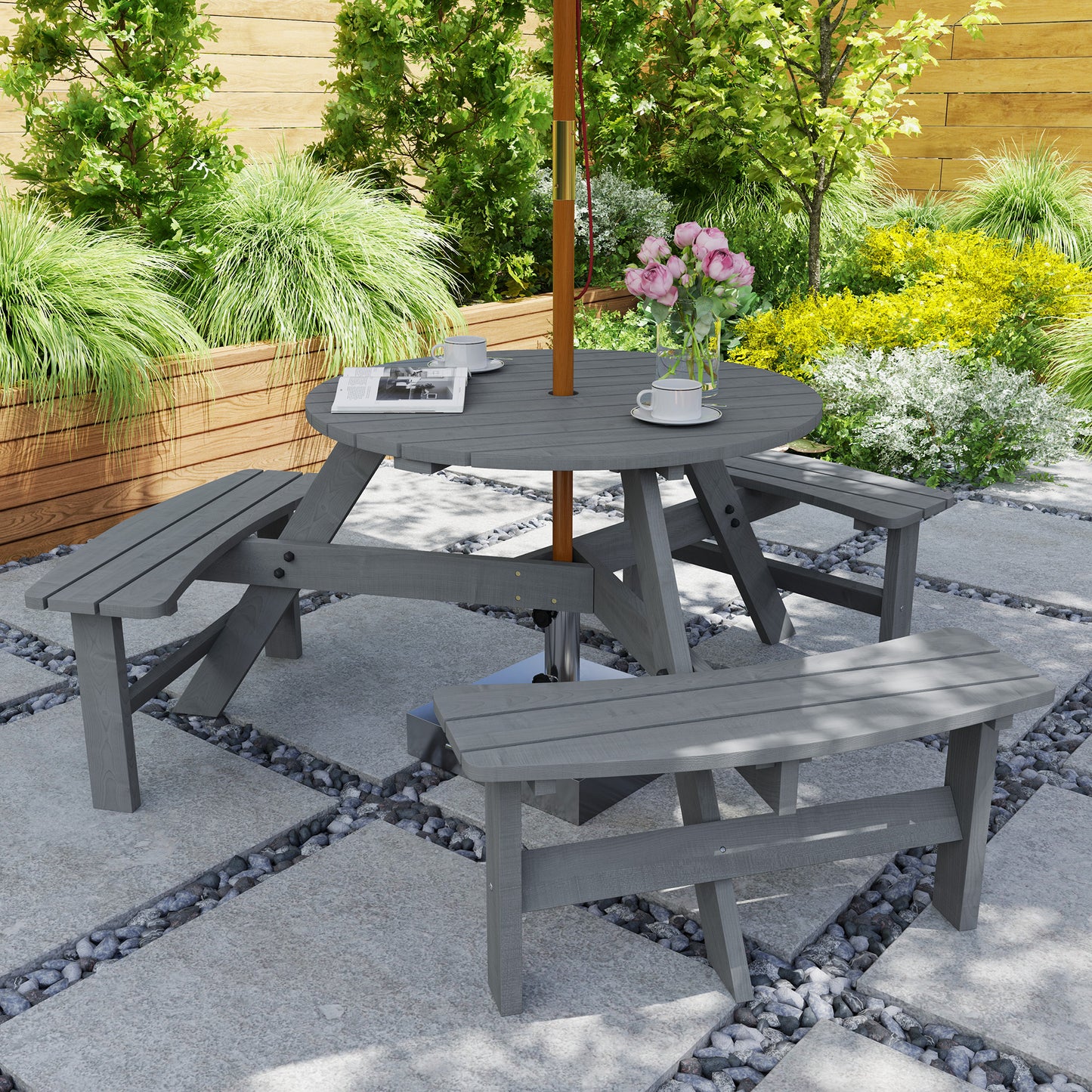 Wooden Garden Dining Set, 6 Seater Round Dining Picnic Table with Matching Bench, Garden Furniture Set