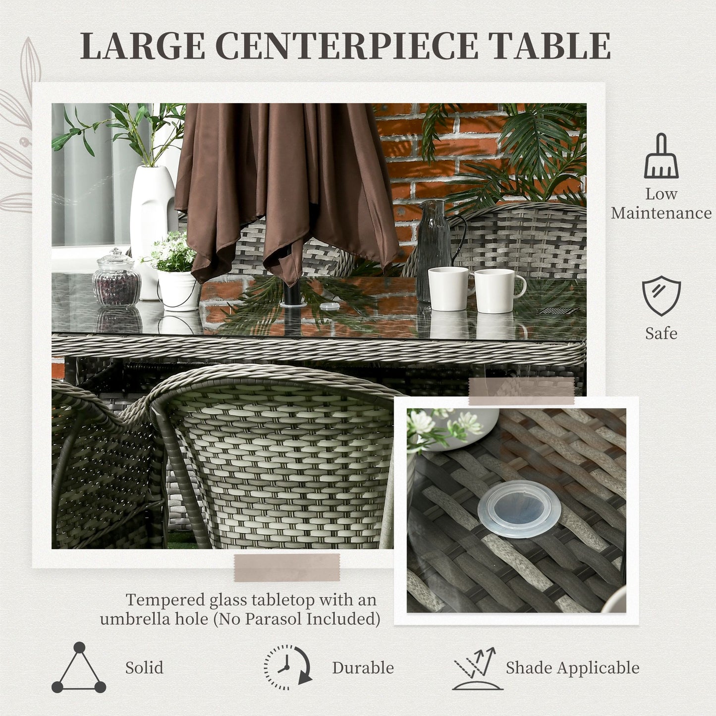 Seven-Piece Rattan Dining Set with Tempered Glass Table Top and Parasol Hole - Grey