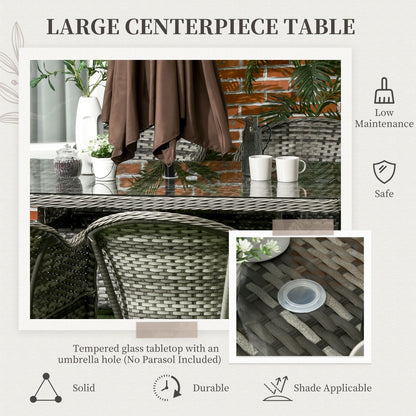 Seven-Piece Rattan Dining Set with Tempered Glass Table Top and Parasol Hole - Grey