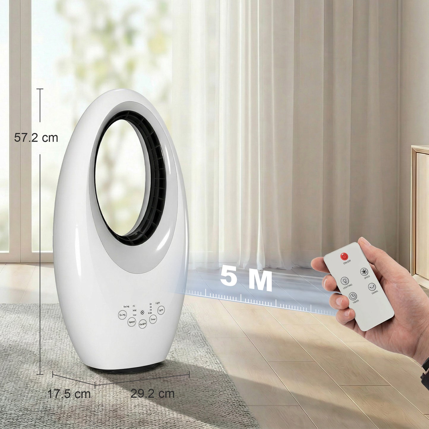 Bladeless Tower Fan, 36dB Standing Cooling Fan with 60° Oscillating, LED Lights, 3 Speeds, 7.5H Timer, Remote Control