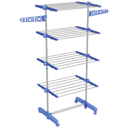 Four-Shelf Collapsing Clothes Horse, With Side Arms and Wheels - Blue