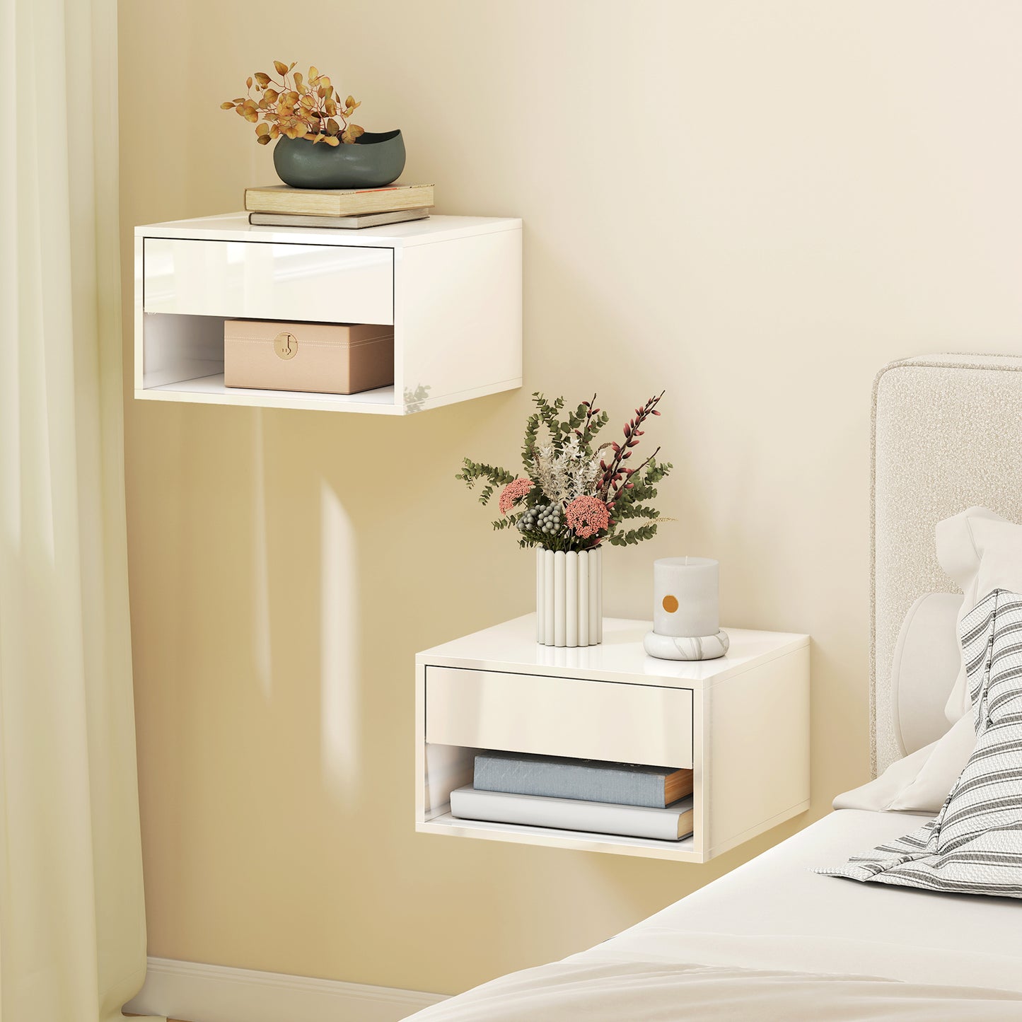 Set of Two Floating Bedside Tables, Wall Mounted Nightstand with Drawer and Open Shelf, High Gloss White