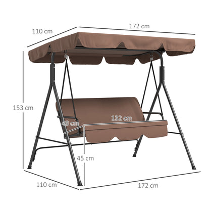 3 Seater Garden Swing Chair, Outdoor Swing Chair with Adjustable Canopy, Mental Frame & Cushions, Brown