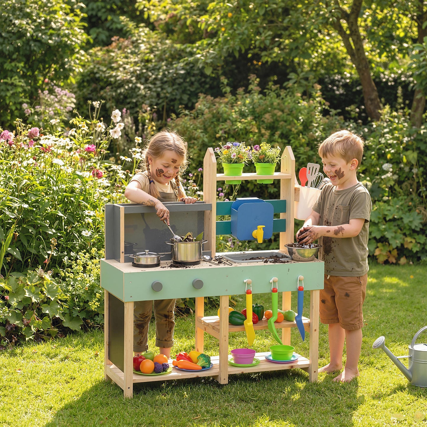 Mud Kitchen with Working Faucet, Kids Play Kitchen with Flower Pots, Kitchen Accessories, Planting Tools, Blue