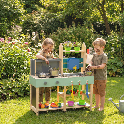 Mud Kitchen with Working Faucet, Kids Play Kitchen with Flower Pots, Kitchen Accessories, Planting Tools, Blue