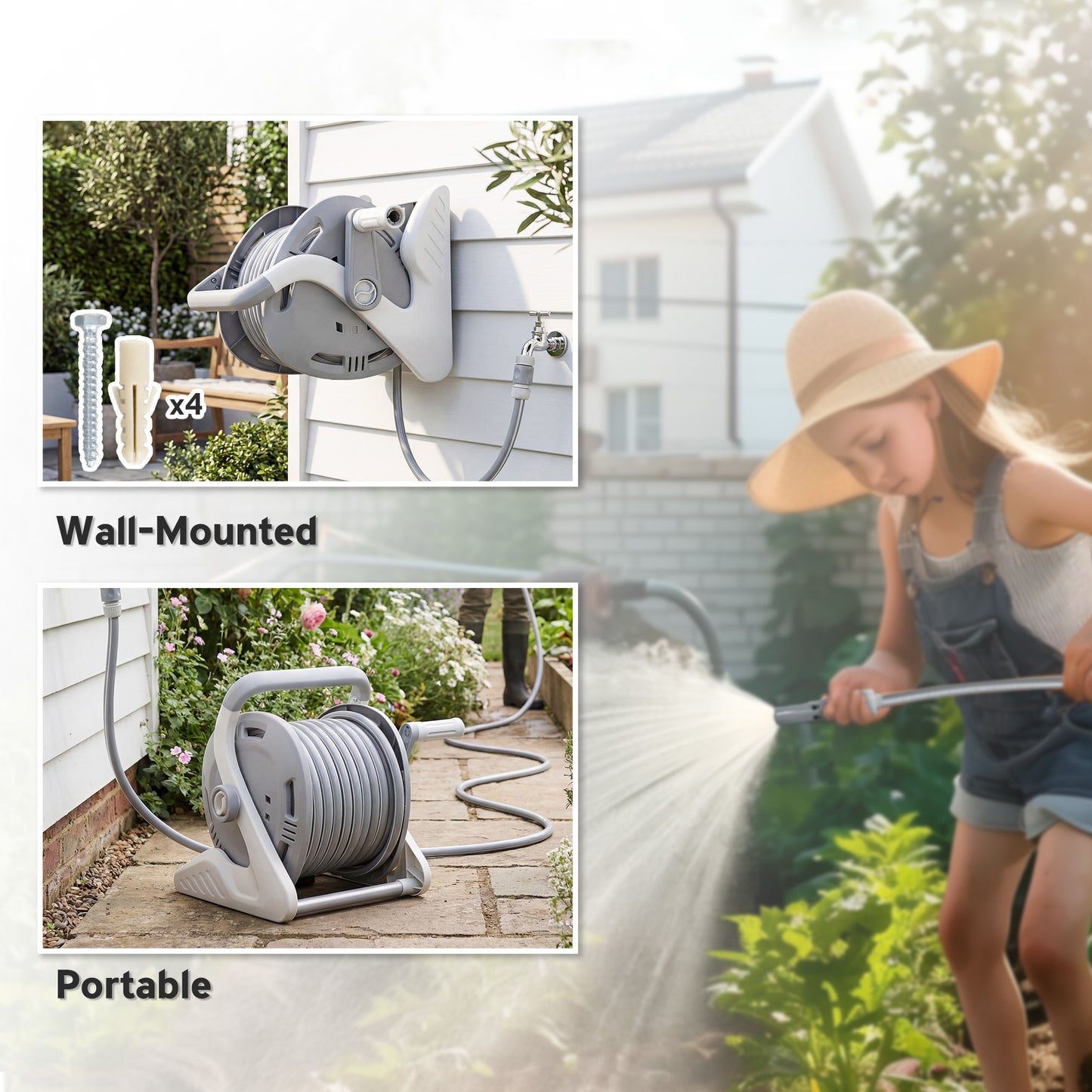 Portable Garden Hose Reel, 20+2 m Wall Mounted Hose Reel with 2 Patterns Spray Nozzle and Crank Handle, Grey