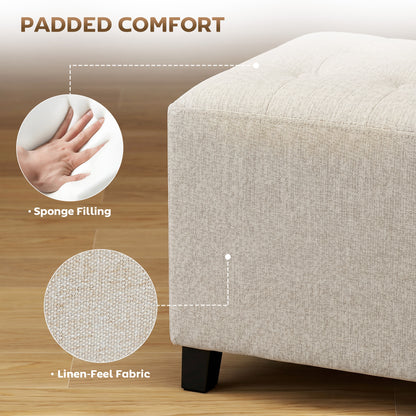 Small Ottoman, Square Footstool with Side Pocket, Rubber Wood Legs and Padded Seat for Living Room, Beige