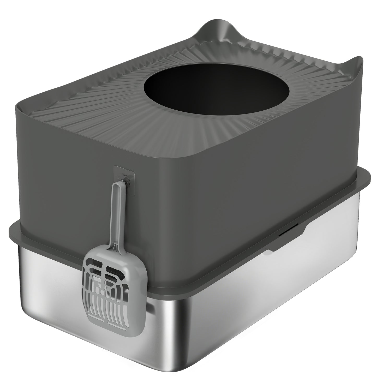 Stainless Steel Cat Litter Tray, Extra Large Enclosed Litter Box with Scoop, Top Entrance, Non-slip Pads, Dark Grey