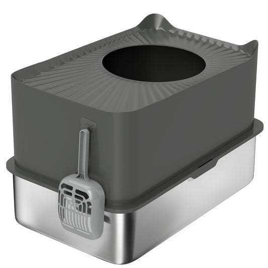 Stainless Steel Cat Litter Tray, Extra Large Enclosed Litter Box with Scoop, Top Entrance, Non-slip Pads, Dark Grey