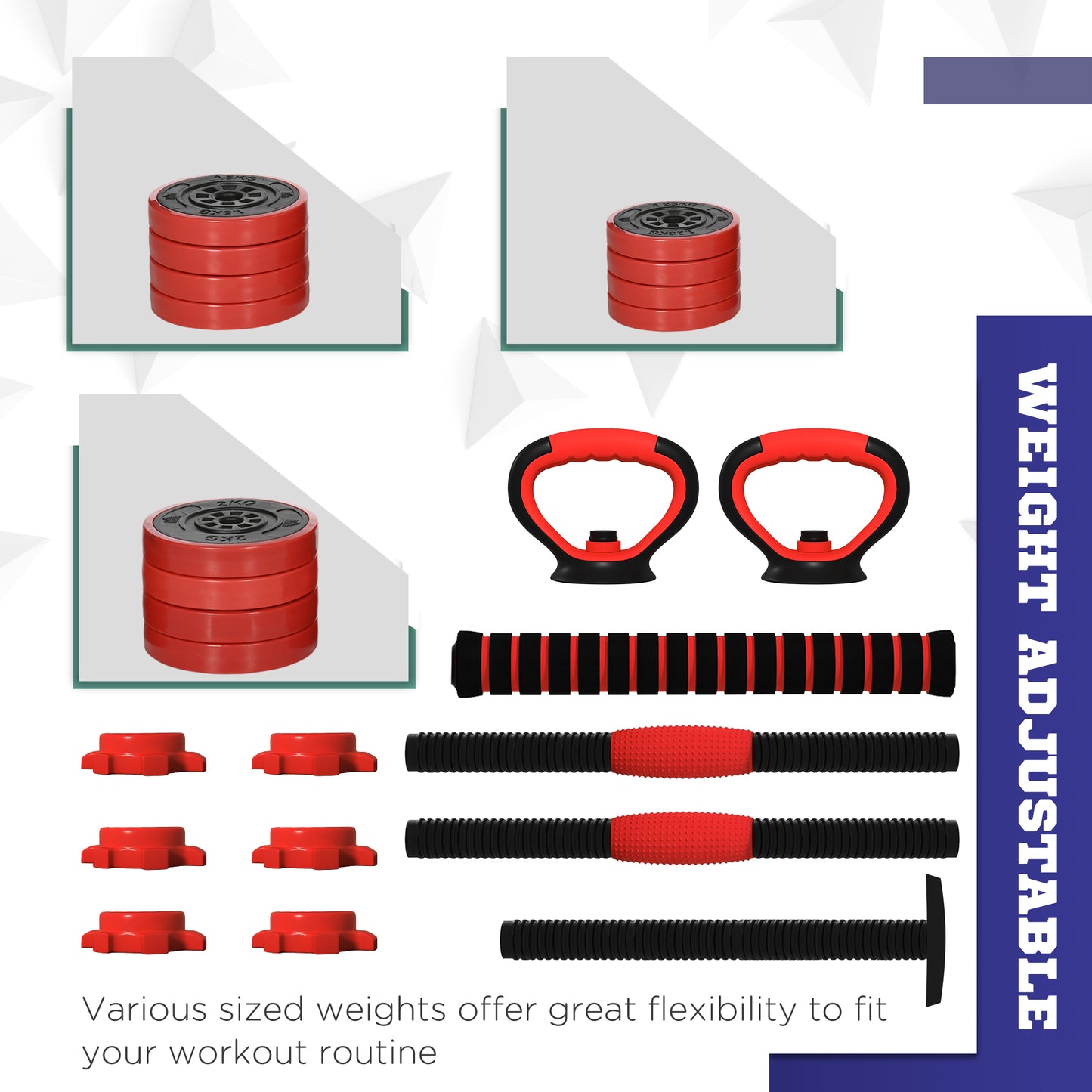 20kg 6-In-One Adjustable Weight Dumbbells Set, Barbell, Kettlebell, Push Up Stand - Red