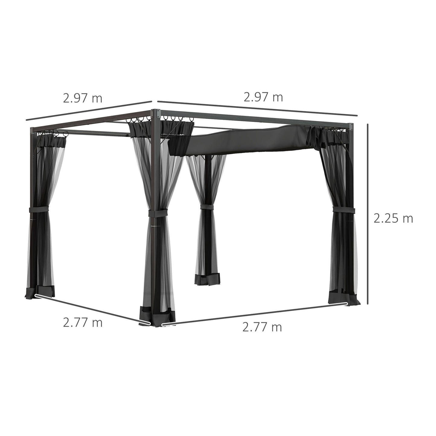 3 x 3m Aluminium Frame Pergola, with Retractable Roof - Dark Grey