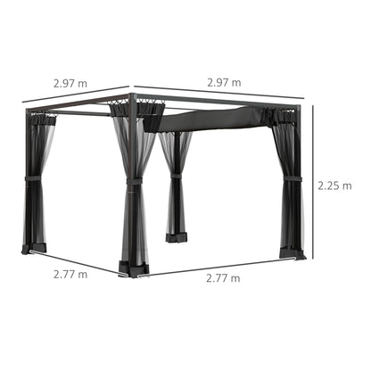 3 x 3m Aluminium Frame Pergola, with Retractable Roof - Dark Grey