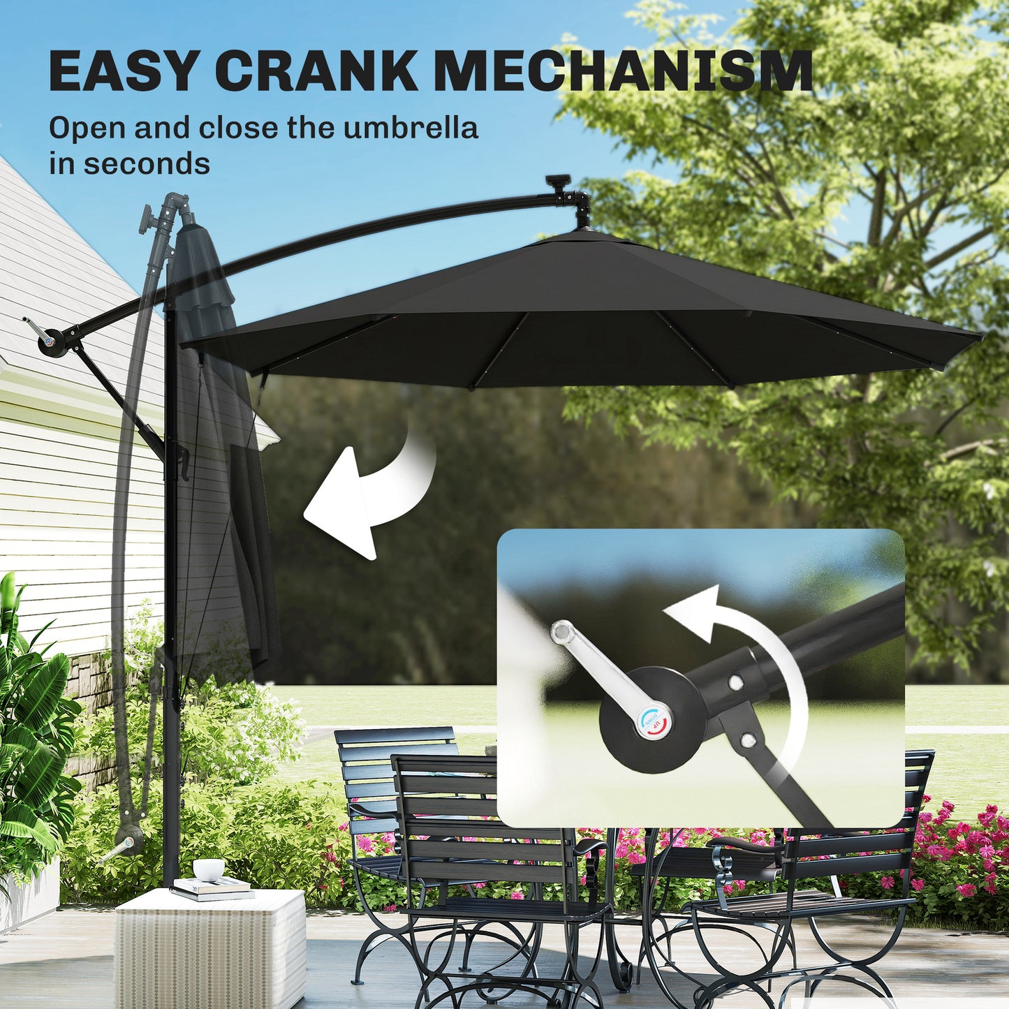 3 m Cantilever Parasol with Solar LED Lights Garden Umbrella with Cross Base, Black