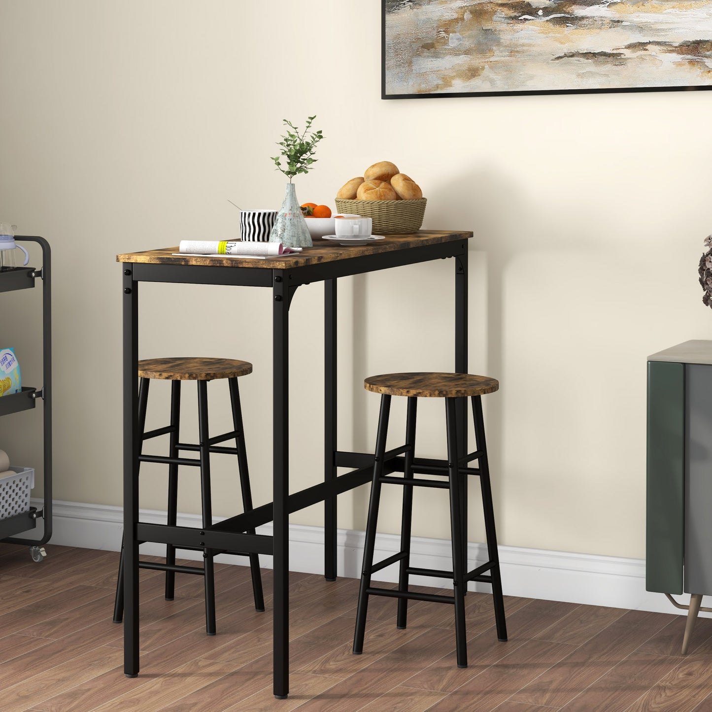 3 Piece Bar Table Set with 2 Stools, Industrial Bar Table and Stool Set, Dining Table and Chair Set, Rustic Brown
