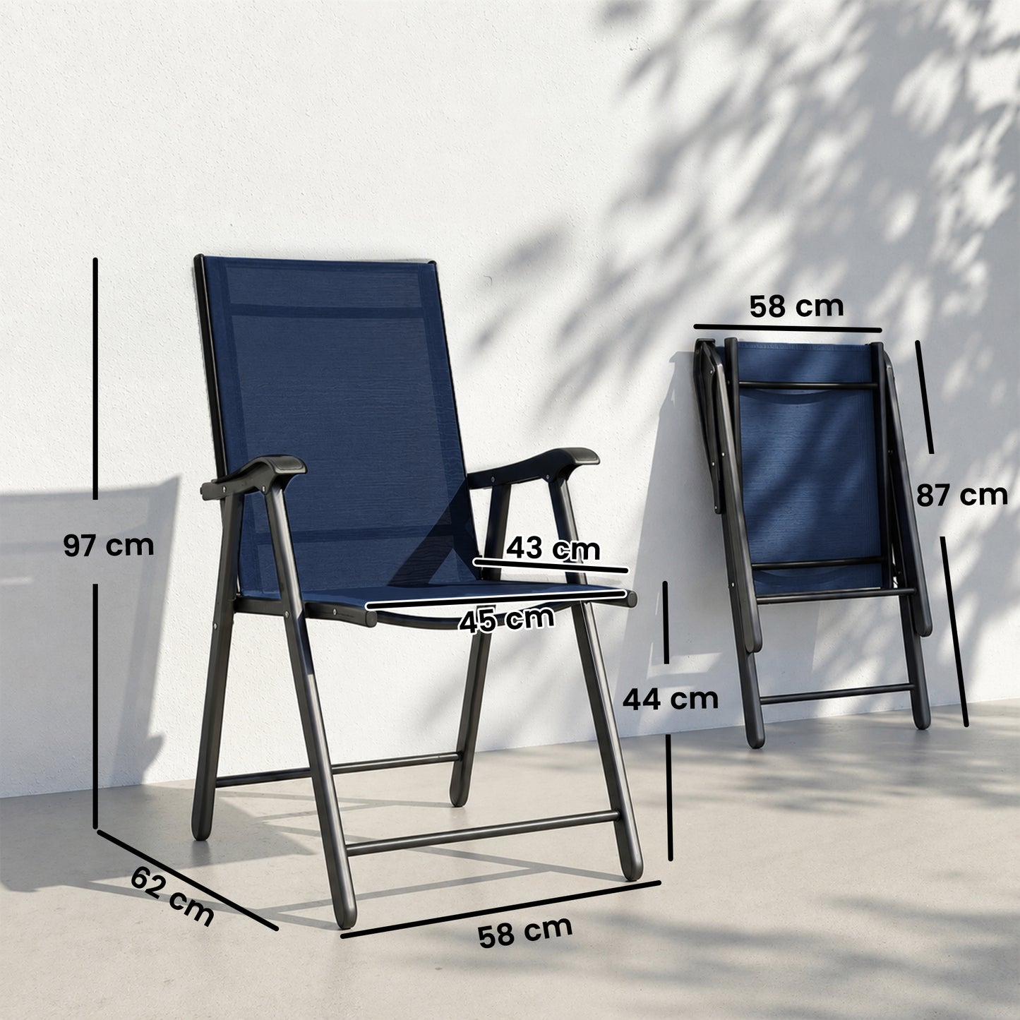 Folding Garden Chairs Set of 4, Foldable Garden Dining Chairs with High Back, Armrests, Texteline Seat, Navy Blue