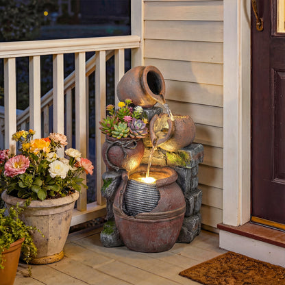 Outdoor Fountain with 4-Tier Rustic Pots & Planter, Garden Fountain with LED Lights, Rustic Brown