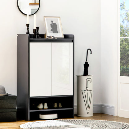 High Gloss Shoe Cabinet with White Doors and Open Shelves, Hallway Shoe Cupboard Storage Organiser for 15 Pairs of Shoes