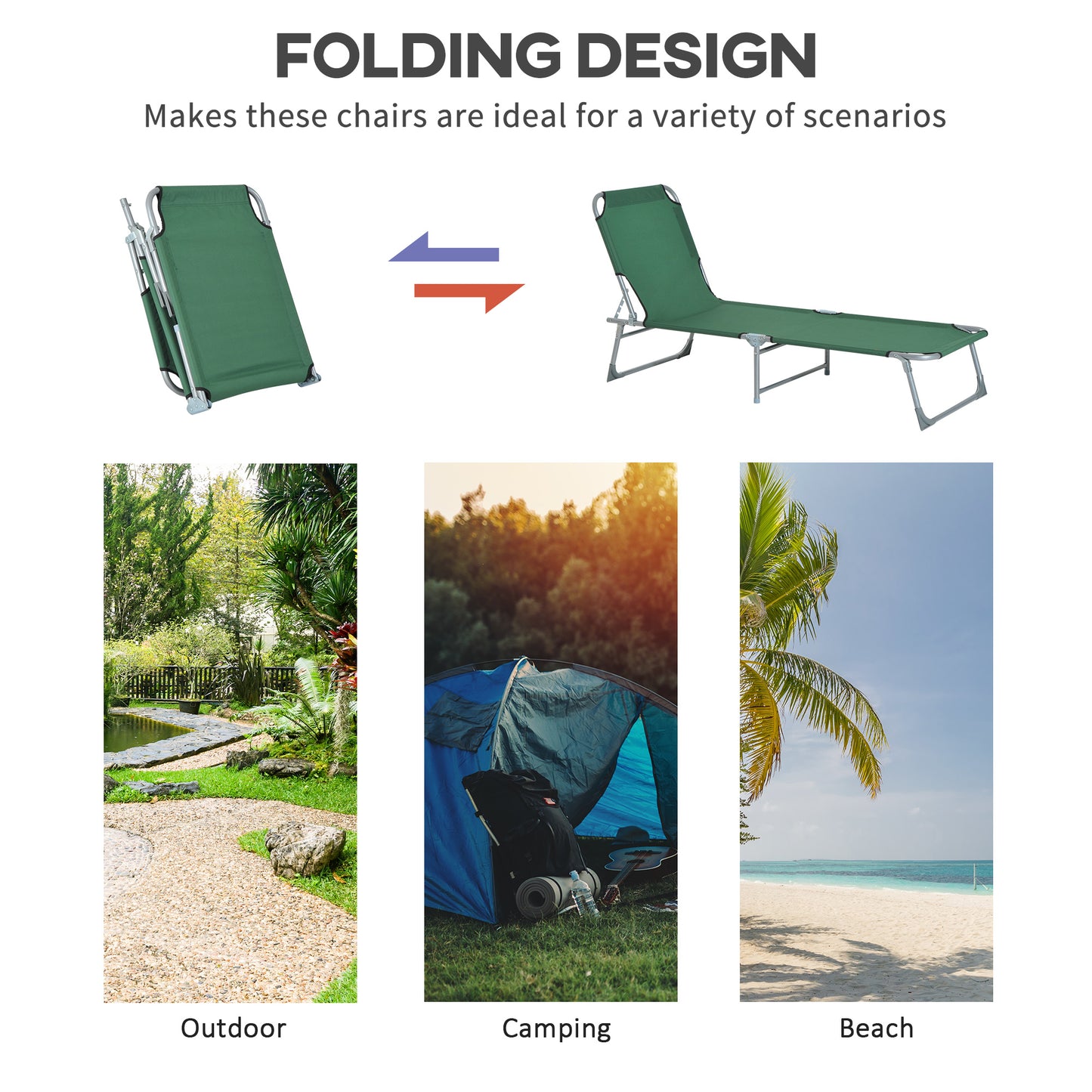 Reclining Sun Lounger Chair Folding Camping Bed with 4-Position Adjustable Backrest