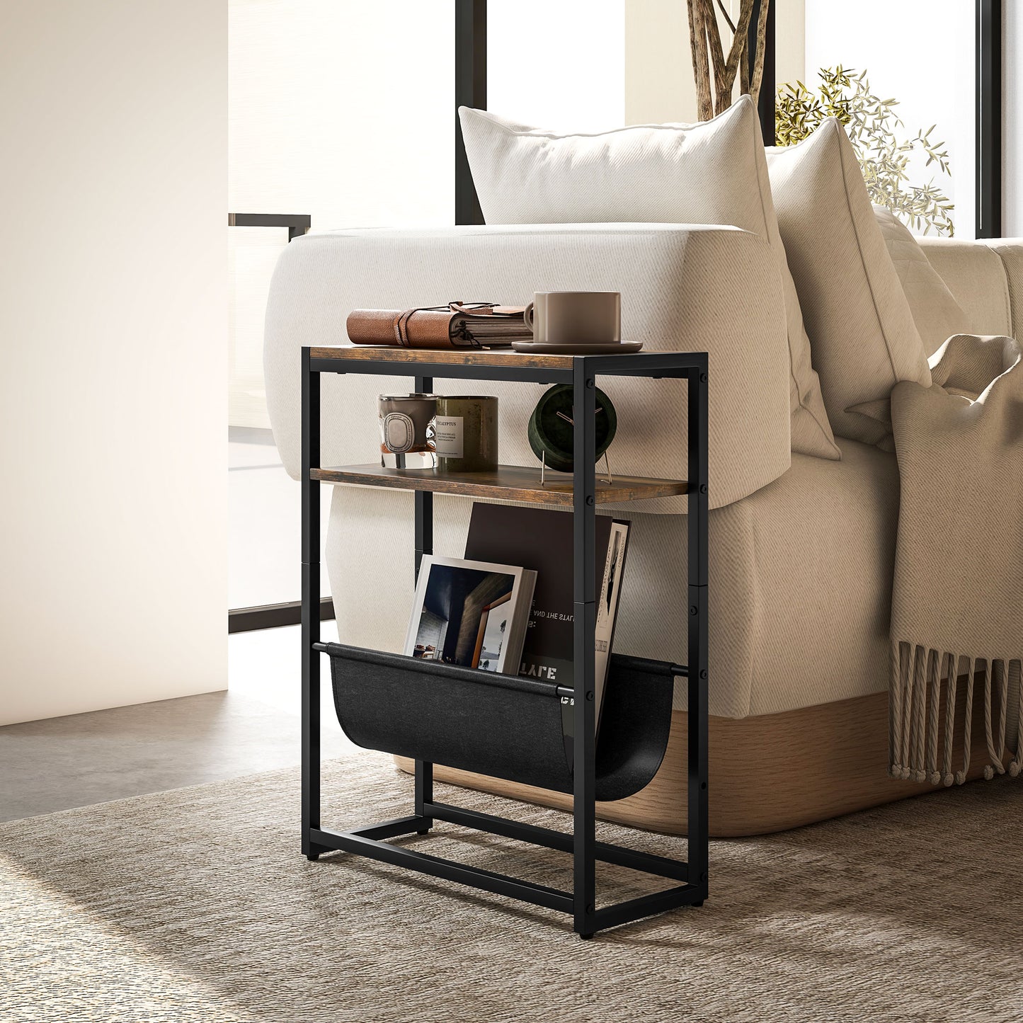 Narrow Side Table, End Table with 3-Tier Storage, V-Shaped Magazine Holder for Living Room, Bedroom, 43 x 18 x 56 cm, Ru
