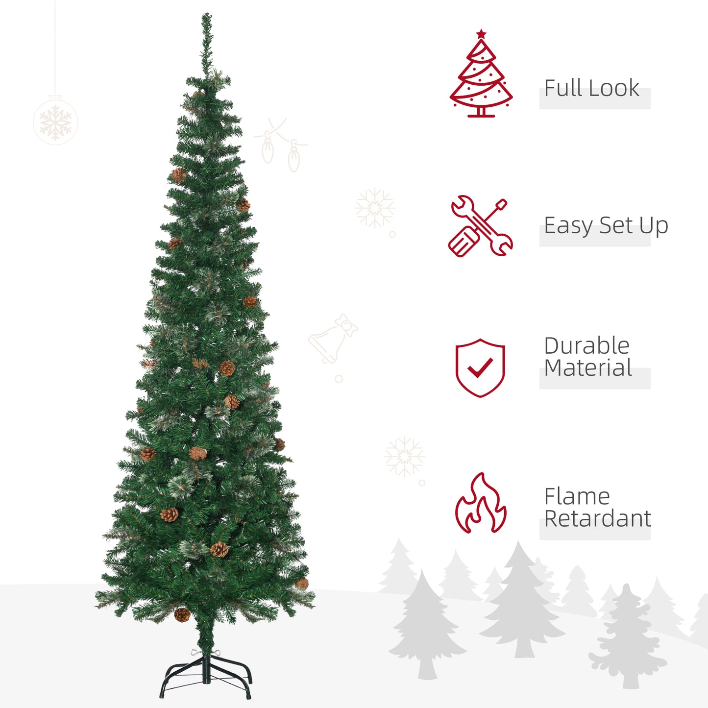 6.5FT Tall Pencil Slim Artificial Christmas Tree with Realistic Branches, Tip Count and Pine Cones, Pine Needles Tree
