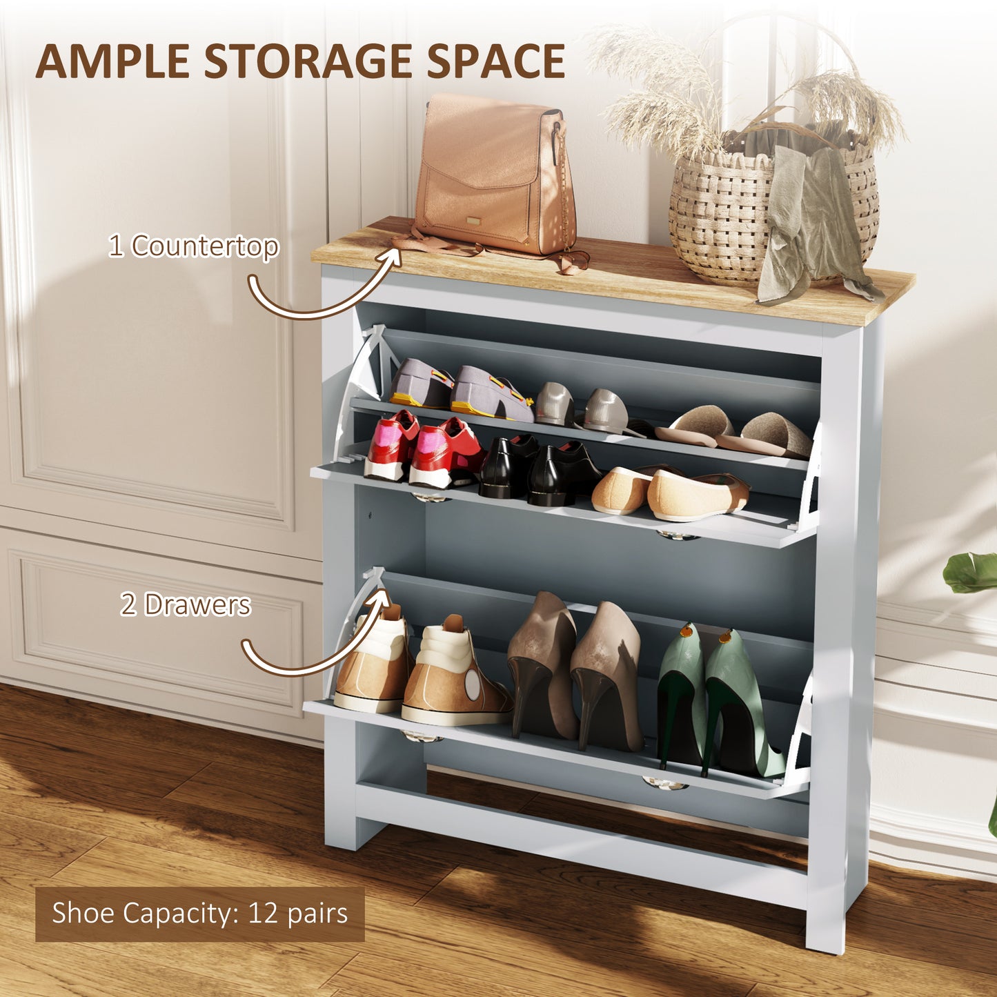 2 Drawer Shoe Cabinet Modern Narrow Shoe Cupboard Hallway Wooden Storage Organiser with Flip Doors Adjustable Shelf for 6-12