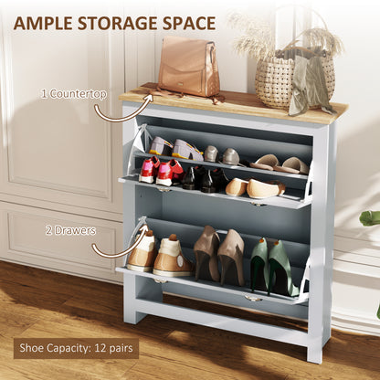 2 Drawer Shoe Cabinet Modern Narrow Shoe Cupboard Hallway Wooden Storage Organiser with Flip Doors Adjustable Shelf for 6-12