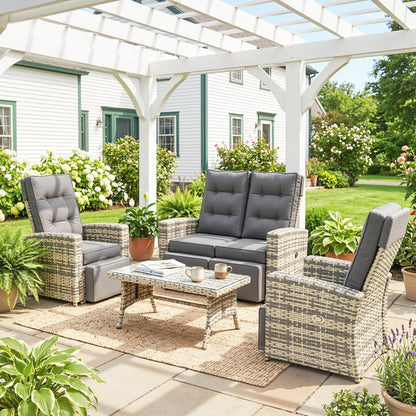 4 Piece Rattan Garden Furniture Set Outdoor Sofa Sectional Set with Glass Top Table for Poolside, Light Grey