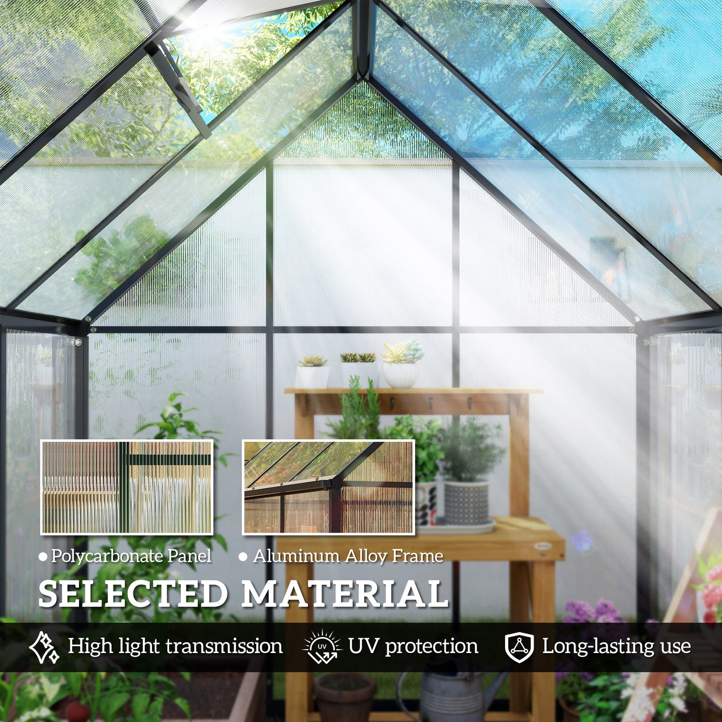 Polycarbonate Greenhouse with Swing Door and Adjustable Window, Walk-in Greenhouse with Rain Gutter, 5.5 x 6ft, Black