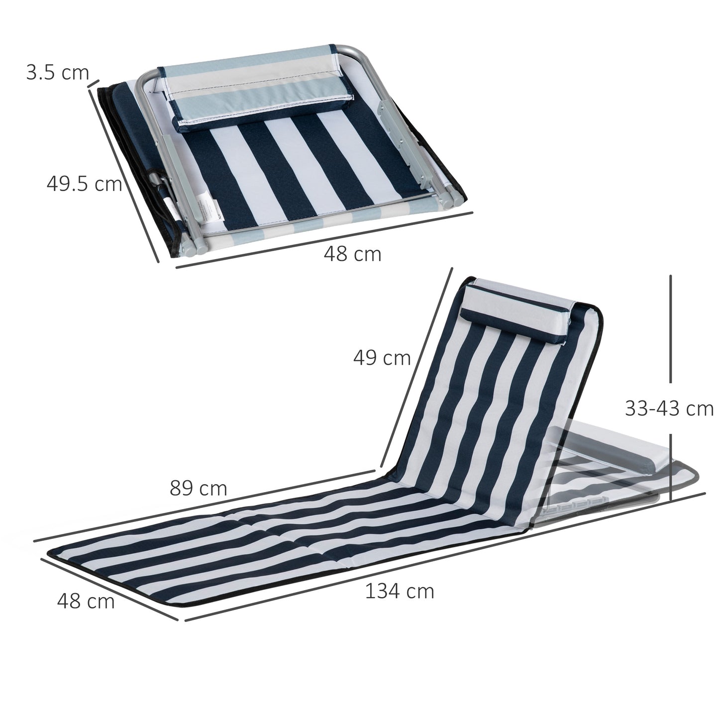 Set of 2 Foldable Garden Beach Chair Mat Lightweight Outdoor Sun Lounger Seats Adjustable Back Metal Frame PE Fabric Head Pil