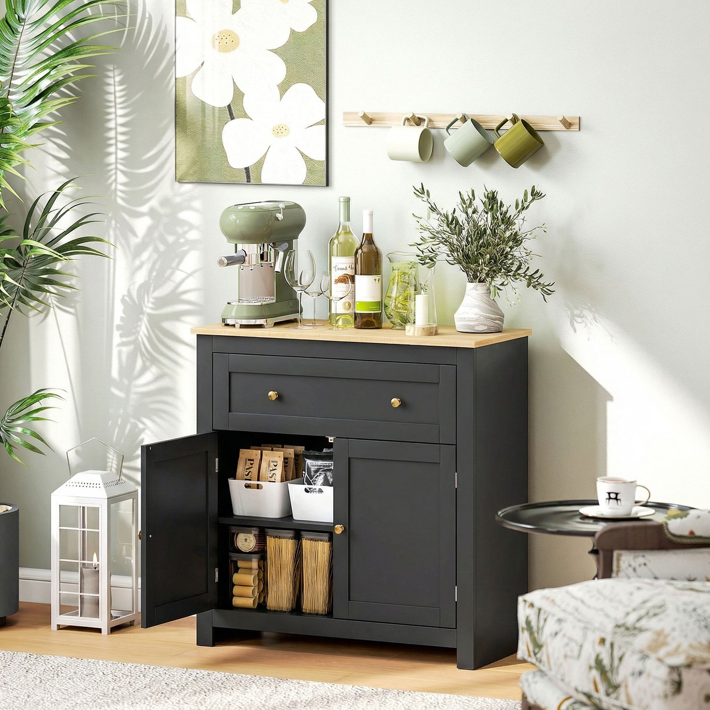 Sideboard Storage Cabinet, Modern Kitchen Cupboard with Adjustable Shelf, Drawer and Double Doors, Black