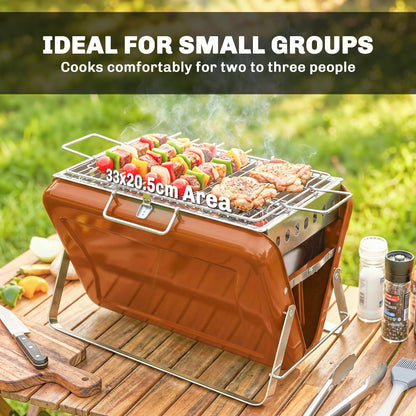 Charcoal BBQ Grill Portable Stainless Steel Barbecue with Tilting Grate for Camping Picnic Garden Orange