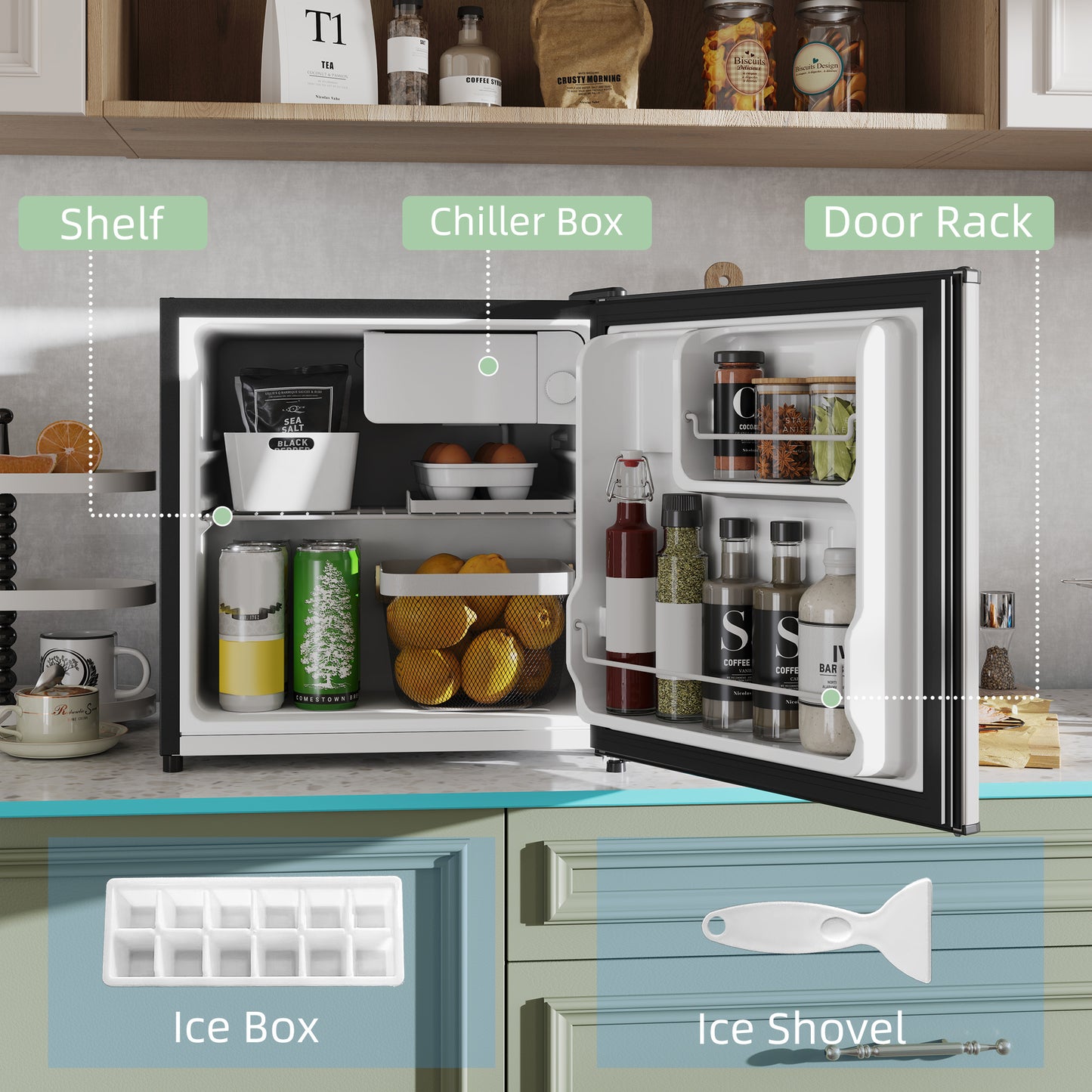 46 Litre Table Top Mini Fridge, Small Fridge with Ice Box, Reversible Door, Adjustable Temperature and Legs for Bedrooms