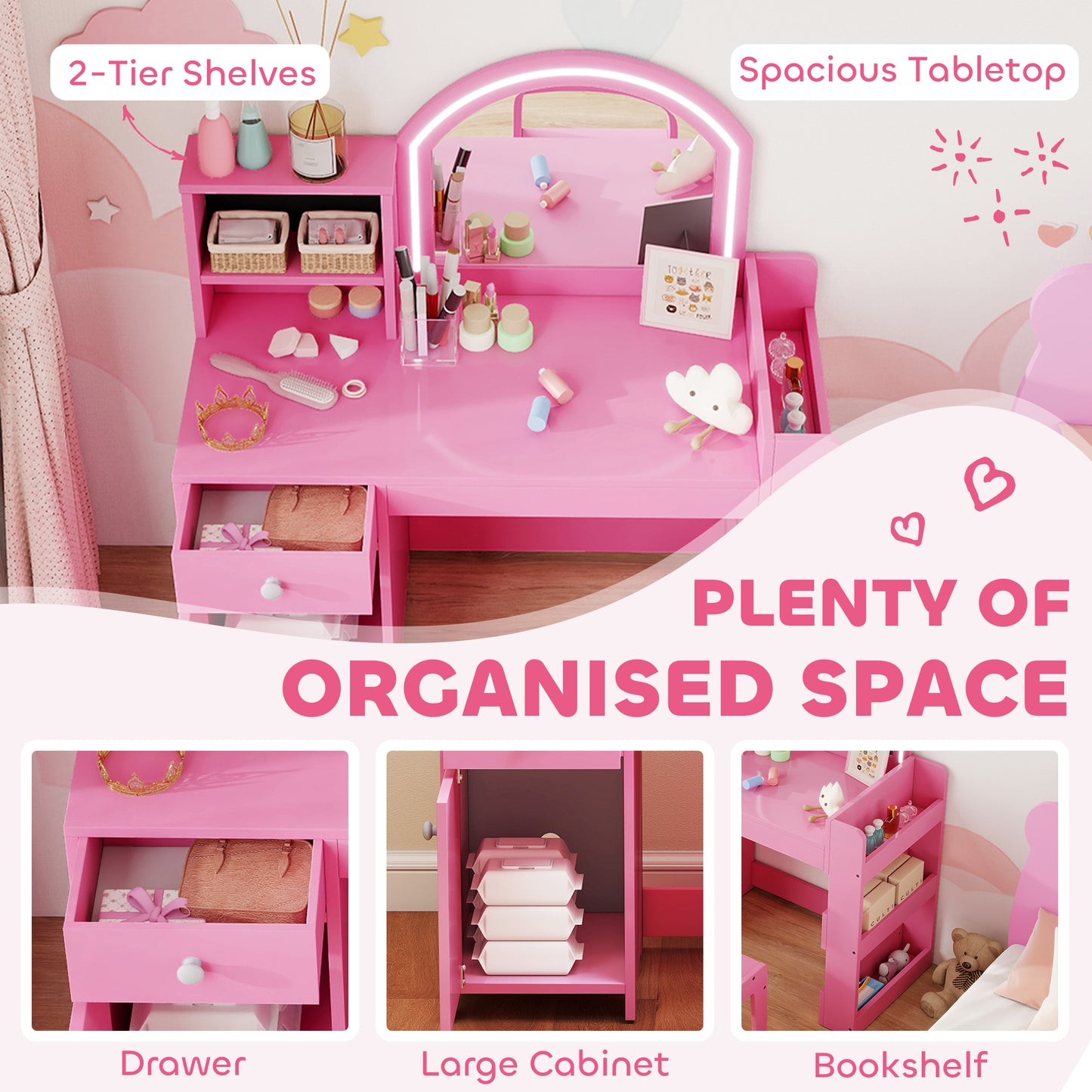 Kids Vanity Table and Chair Set, Girls Dressing Table with 2-Colour LED Mirror, Stool, Cabinet, Drawer, Shelves, Pink