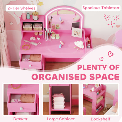 Kids Vanity Table and Chair Set, Girls Dressing Table with 2-Colour LED Mirror, Stool, Cabinet, Drawer, Shelves, Pink