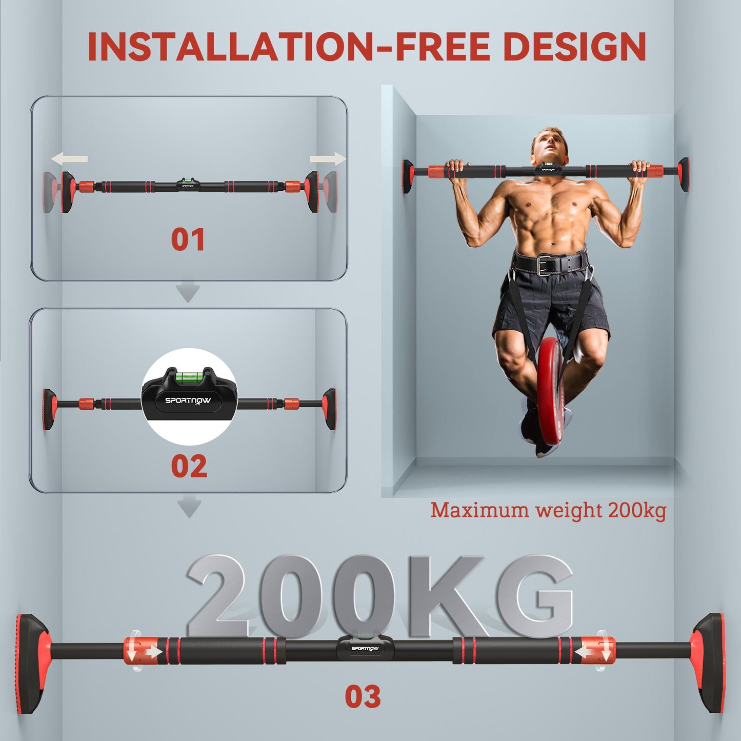 Pull Up Bar, for 92-120cm Doorways, No Screws, Maximum load 200kg